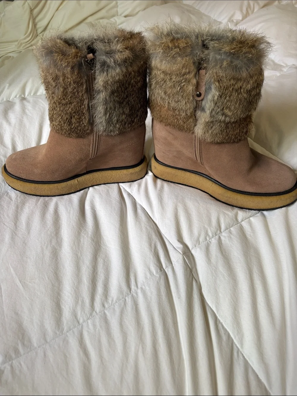 Paloma Barcelo Tan Suede Winter Boots with Faux Fur Cuff